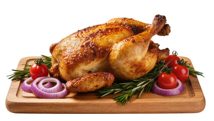 Golden roasted whole chicken with cherry tomatoes, red onion rings and rosemary sprigs on wooden board © Friedrich
