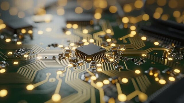 Close up view of a glowing computer microchip and circuit board with intricate electronic connections