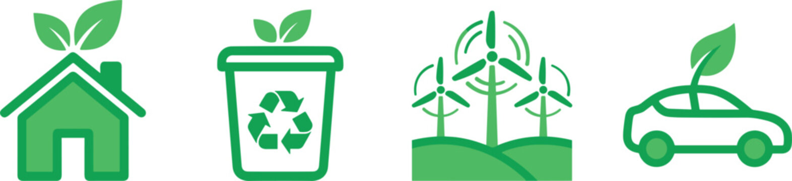 Green ecology and renewable energy icon set featuring eco house recycling bin windmills and electric car