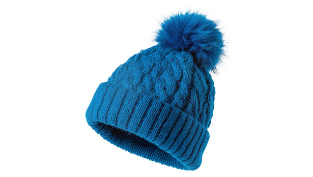 Blue knitted beanie hat with pom pom