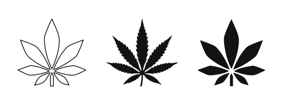 Cannabis leaf icon set. Marijuana and hemp plant symbols, representing natural herbs and legal/medical use.