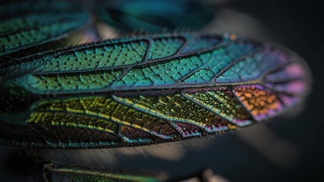 Close up macro photography of iridescent insect wings showcasing vibrant colors and intricate patterns