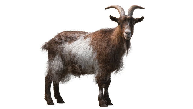 Brown and white spotted goat with curved horns standing