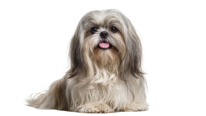 Shih Tzu dog with long flowing fur and pink tongue sticking out © Solene