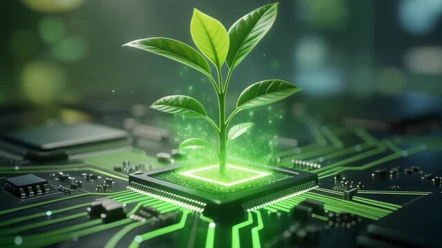 Green plant sprouting from futuristic computer chip symbolizing eco technology and sustainable innovation