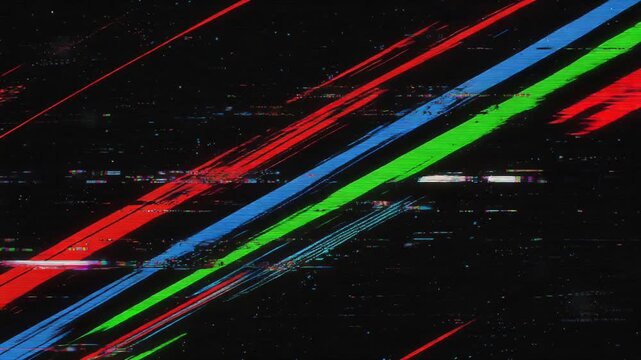 Abstract digital glitch background with vibrant red blue and green diagonal streaks on black
