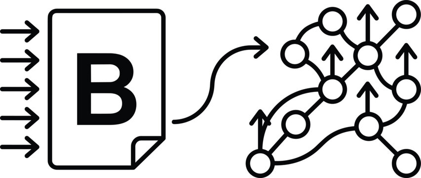 Data extraction vector concept icon showing document processing into a complex network map structure illustration