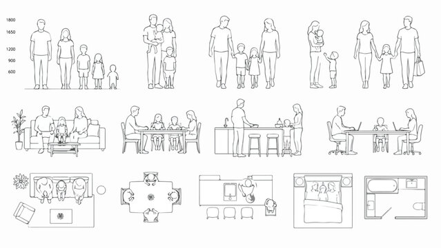 Architectural family people vector set, minimalist line drawing human figures for floor plans, CAD block people silhouettes for interior design isolated PNG with Transparent Background