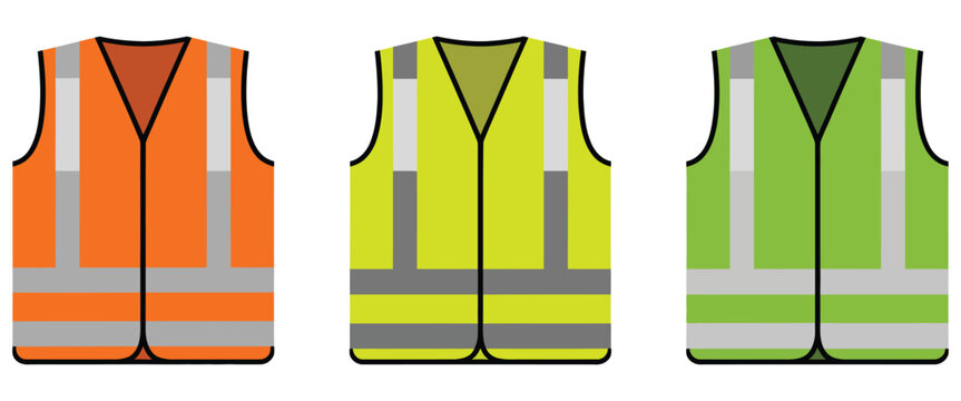 classic work safety vest hi vis clothing set, fluorescent orange green yellow high visibility construction safety vest icon collection for industrial protection, road work and workplace safety design 