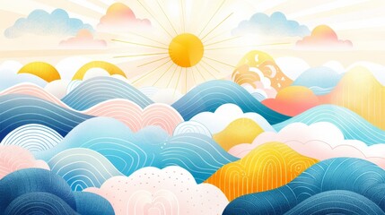 Obraz premium Warm sun rises over gentle, rolling waves. Soft clouds drift in pastel hues of blue, pink, and gold. Sunbeams spread like golden fingers across the sky. Wavy patterns create motion