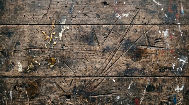 The old wooden wall shows signs of heavy wear with scratches marks stains and discoloration across its surface horizontally planked structure