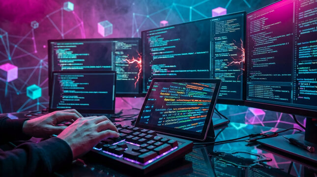 Computer screens display lines of code in a dark room, lit by neon pink and blue light, symbolizing technology and programming.