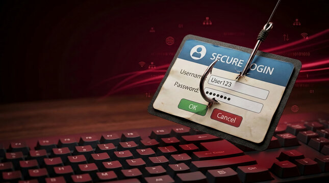 A fishing hook pierces a login screen on a keyboard, symbolizing data theft and online insecurity, representing cyber threats and privacy breaches.