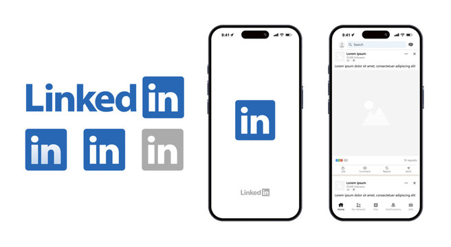 LinkedIn mobile app mockup template. iPhone with LinkedIn interface preview, customizable screen frame with soft shadow, available in both dark and light modes.