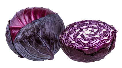 Fototapeta premium Red cabbage whole and halved showing interior pattern