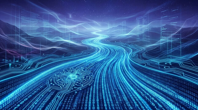 Abstract blue digital landscape with flowing binary code and circuit board elements, symbolizing data streams and technological advancement.