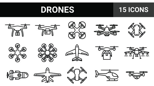 Drone line icons set, 15 unmanned aerial vehicle vector symbols, delivery quadcopter and uav aircraft thin line signs