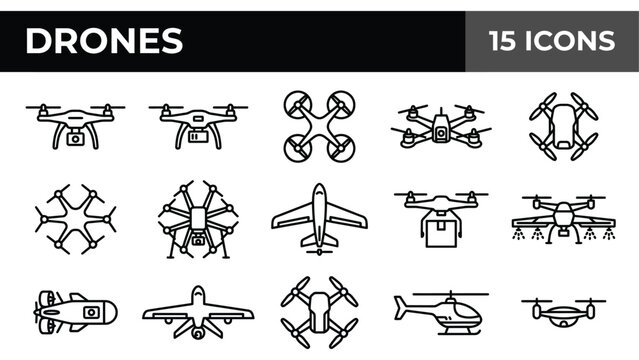 Drones icon set with 15 line vector elements. Unmanned aerial vehicle symbols for delivery, photography and surveillance.