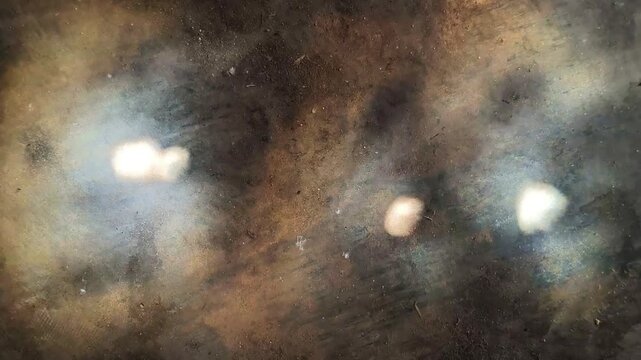 Video snippet showing the sun's soft natural light and shadows casting subtle, abstract shapes on a rustic, textured cement floor surface.