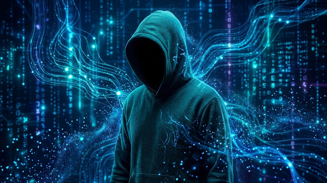 Figure in dark hoodie against a backdrop of digital code and glowing blue particles, representing cyber security and abstract technology concepts.