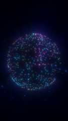 Abstract glowing particle sphere in dark space, symbolizing cosmic data, digital networks, energy, and futuristic technology. © Bolbik
