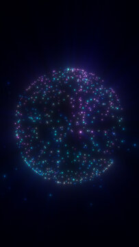 Abstract glowing particle sphere in dark space, symbolizing cosmic data, digital networks, energy, and futuristic technology.