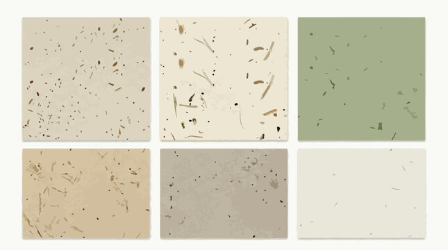 Handmade recycled paper textures, organic botanical washi paper backgrounds with fiber flecks, set of 6 earthy vector swatches for eco-friendly branding