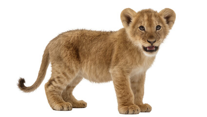 Lion cub standing with mouth open and tongue visible © Friedrich