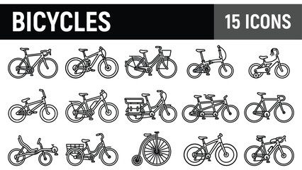 Naklejka premium Bicycle line icons set, 15 bike vector symbols, mountain and road bicycle collection for sports and transport apps