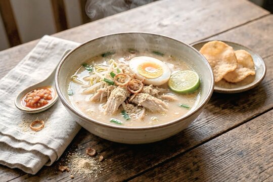 Hot Indonesian Soto Ayam chicken soup with egg and lime in bowl, steaming