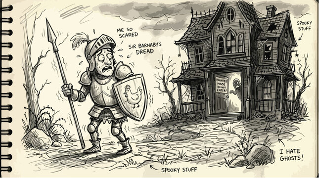Vintage hand drawn knight illustration, scared warrior in front of spooky haunted house, monochrome pencil sketch vector art