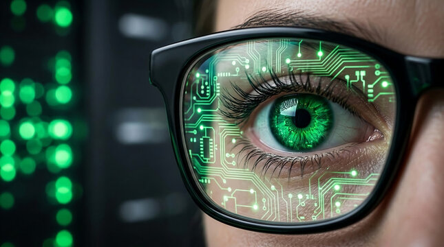 Extreme close-up of a green eye reflected with a circuit board pattern, symbolizing technology and vision, perfect for tech concepts.
