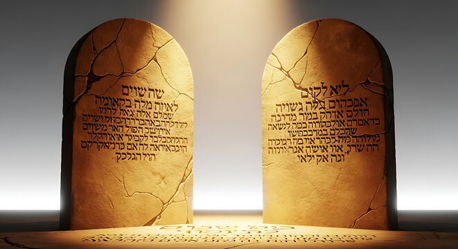 Biblical Stone Tablets of the Ten Commandments with Hebrew Text Illuminated by Divine Heavenly Light in a Dramatic Scene
