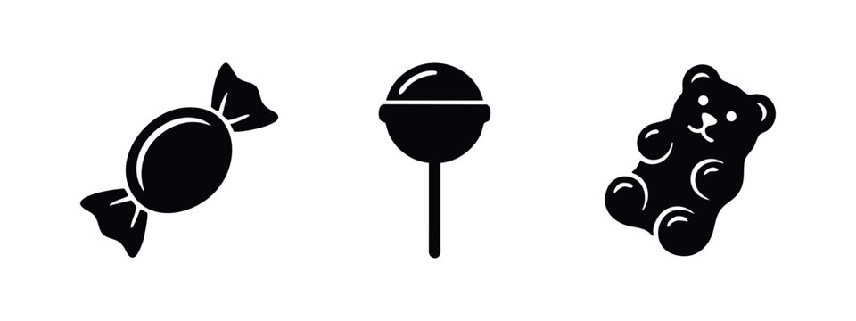 Candy and Sweet Treat Icons Set. Delicious Lollipop and Gummy Bear Symbols