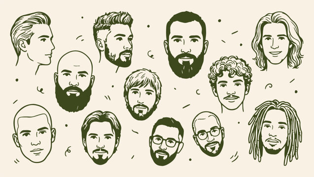 diverse men face portrait pattern, inclusive men face people background, artistic male portrait face illustration, diverse people face study print, hand drawn face portrait icons, inclusive people fac