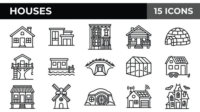 Modern house icon set, 15 residential building line icons, diverse architectural home styles, real estate vector art