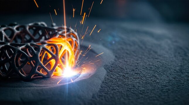 Metal 3D printing process creating complex lattice component with sparks, advanced manufacturing technology.