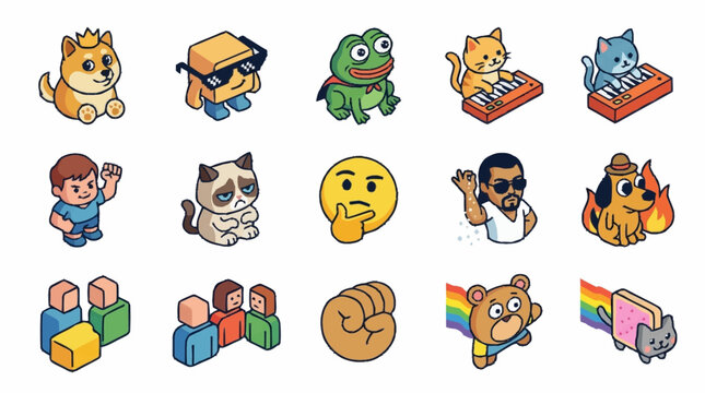 Collection of popular internet memes and emojis rendered in a pixel art style, perfect for digital communication and social media.