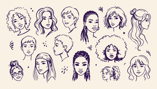 diverse female face portrait pattern, multicultural beauty women faces background, artistic female portrait face illustration, diverse beauty face study print, hand drawn face portrait icons, inclusiv