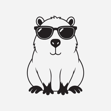 Cute Cartoon Capybara Vector Illustration Wearing Stylish Black Sunglasses and Sitting Peacefully Isolated on Light Background.