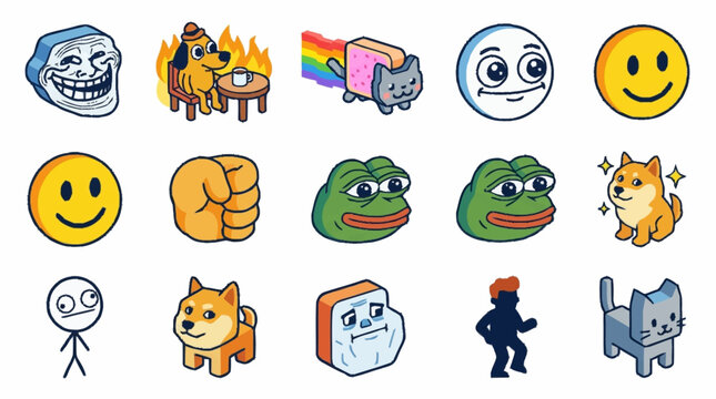 Collection of popular internet memes and emojis, including Pepe the Frog, Doge, and Trollface.
