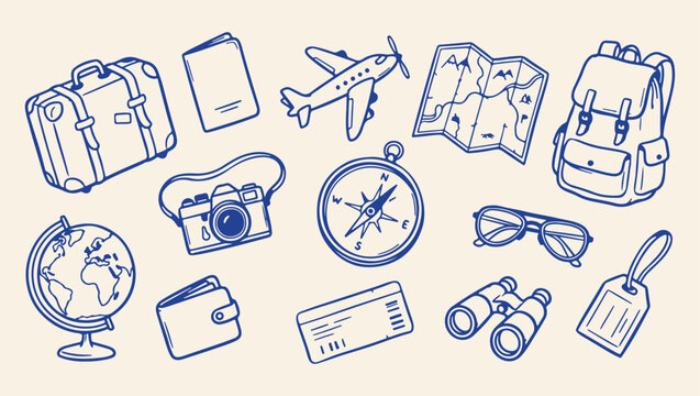 travel tourism adventure trip pattern, global travel vacation trip background, world travel explore gear illustration, adventure travel map gear print, hand drawn travel gear icons, adventure travel t