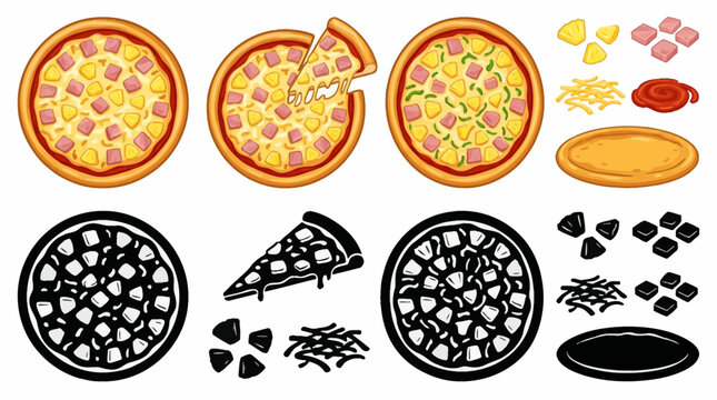 Professional vector collection of Hawaiian pizzas in multiple styles, pineapple chunks, ham toppings, melted cheese, tomato sauce, golden crust, tropical flavor concept