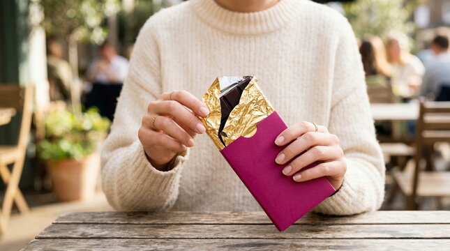 Dark chocolate bar being unwrapped by hands on rustic wooden table at outdoor cafe, sweet indulgence moment.