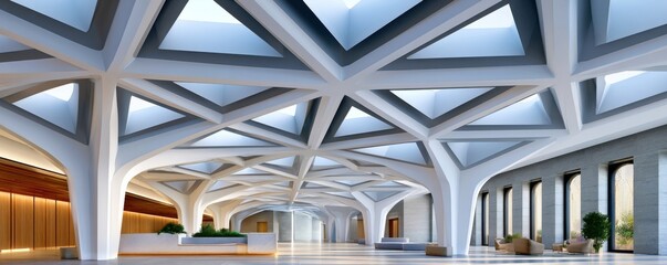 Fototapeta premium Modern white and gray vaulted atrium with geometric skylights and minimal lounge seating