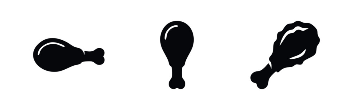 Chicken drumstick icon set. Fried chicken leg silhouettes. Fast food or cooked poultry vector illustration.