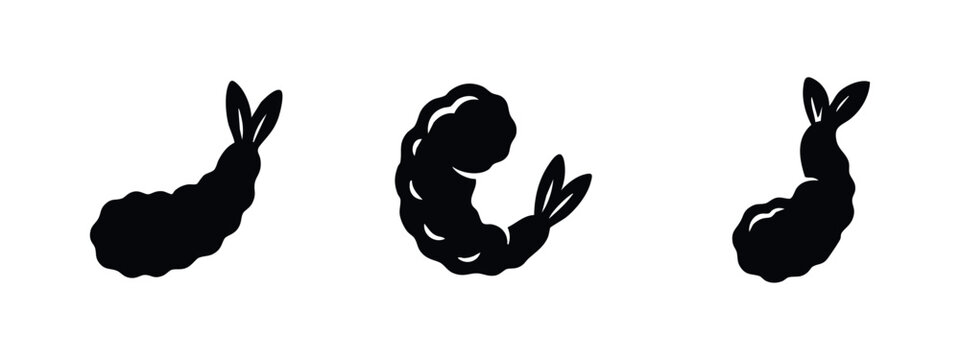 Shrimp icon set. Seafood tempura or prawn silhouette. Black and white shrimp vector illustration.