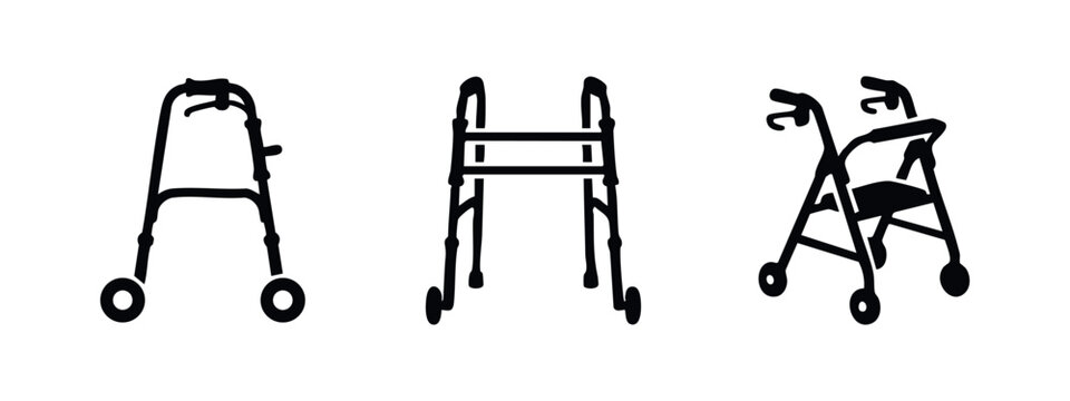 Medical walker icon set. Mobility aid for elderly or disabled. Walking frame vector illustration.