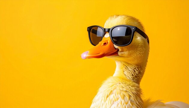 A duck wearing sunglasses poses against a yellow background indoors.