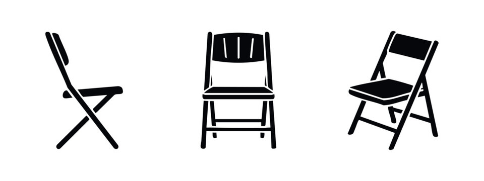 Folding chair icon set. Portable seating for events or outdoor use. Collapsible chair vector illustration.